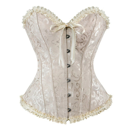 Red Brocade Ruffle Overbust Burlesque Corset