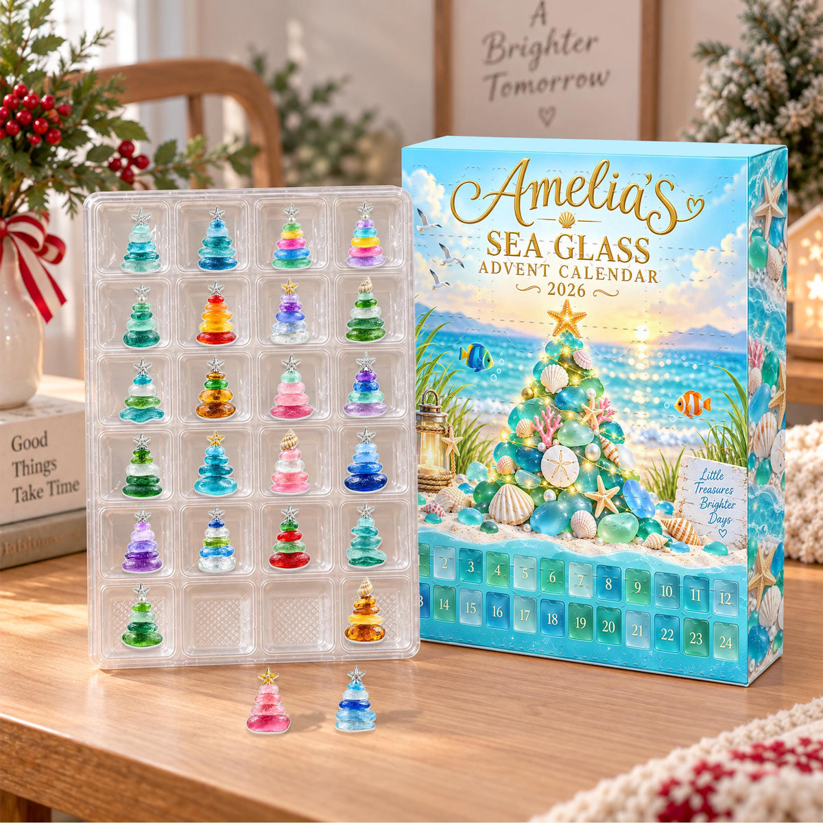 Personalized Sea Glass Advent Calendar Box, Custom Name 24 Charm Christmas Countdown, Beach Lover Holiday Keepsake Gift