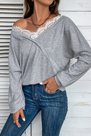 Lace Trim Wrap Neck Pullover Sweatshirt