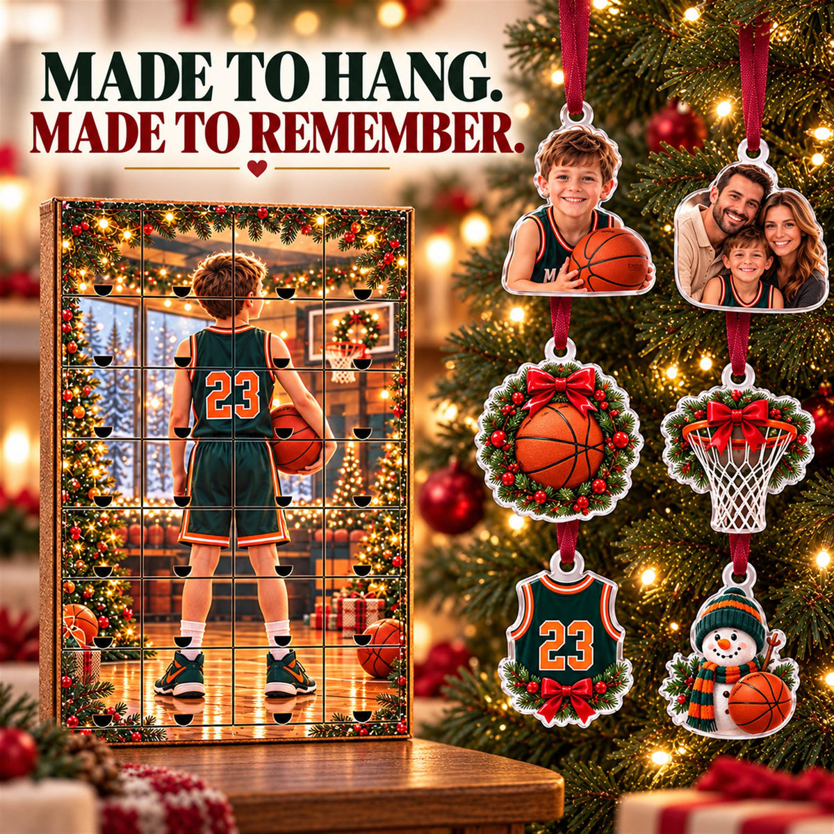 Personalized Basketball Advent Calendar with 24 Custom Photo Acrylic Ornaments, Player Number Christmas Gift for Basketball Family and Coach