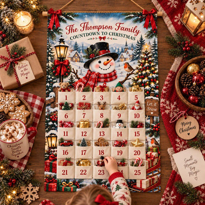 Personalized Reusable Fabric Advent Calendar, Snowman Christmas Countdown, Custom Family 25 Pocket Advent Calendar, Holiday Wall Xmas Decor
