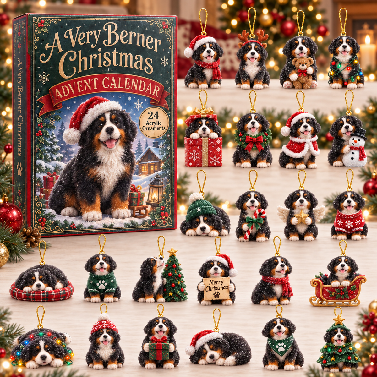 A Very Berner Christmas Advent Calendar 2026 - 24-Day Festive Countdown, Acrylic Charms Blind Box - Gift For Bernese Mountain Dog Lovers