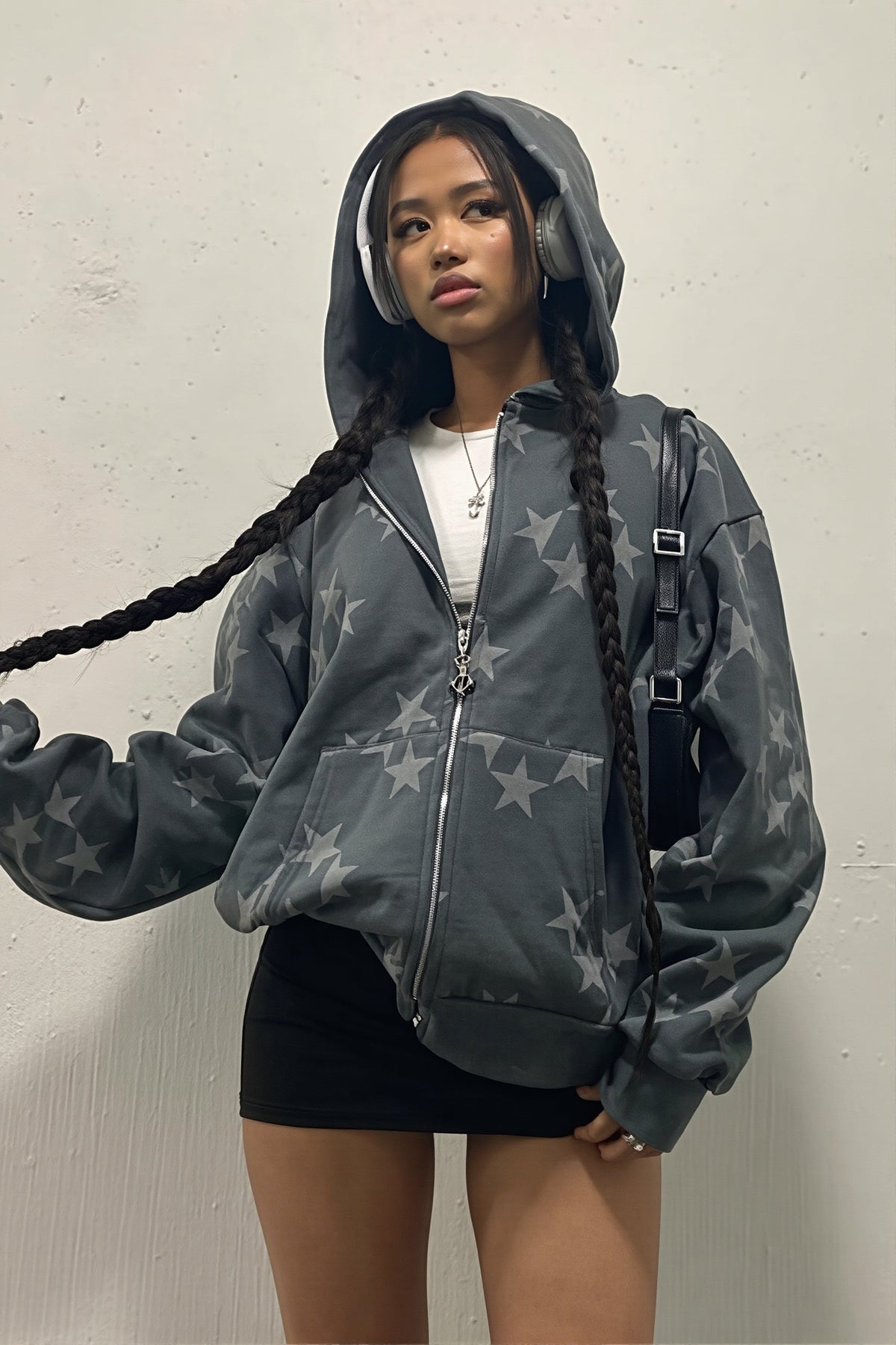 Star Print Oversize Pocket Zip Hoodie