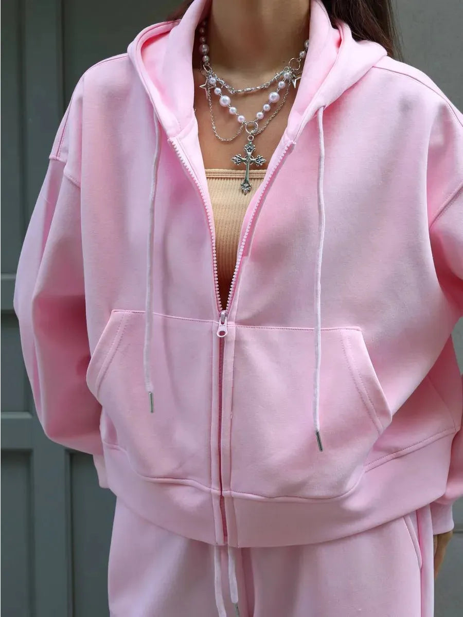 Two-Piece Solid Color Zipper Hoodie and Trousers Set