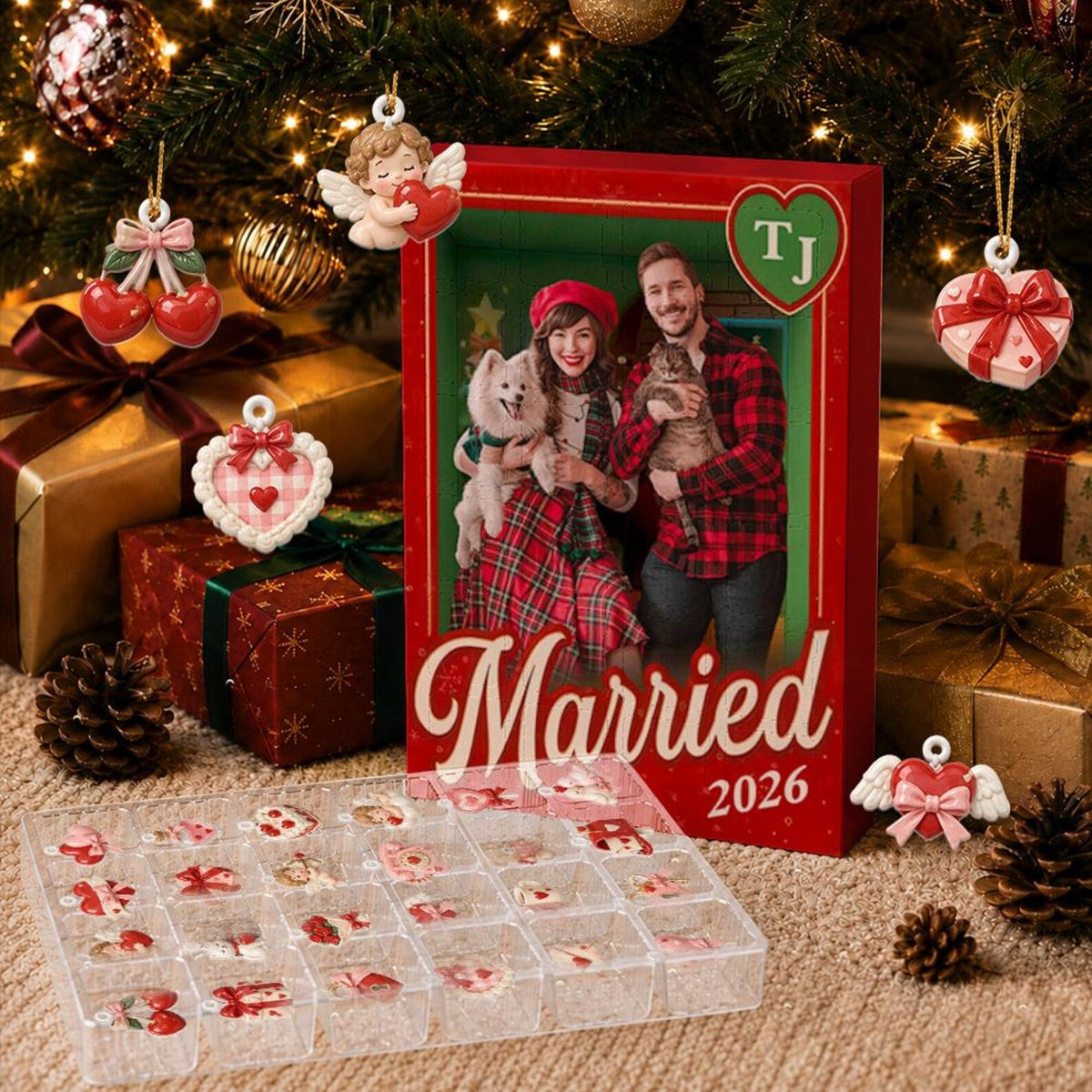 Personalized Married Couple Advent Calendar, 24 Acrylic Charms, Custom Photo Keepsake, Wedding Holiday Gift