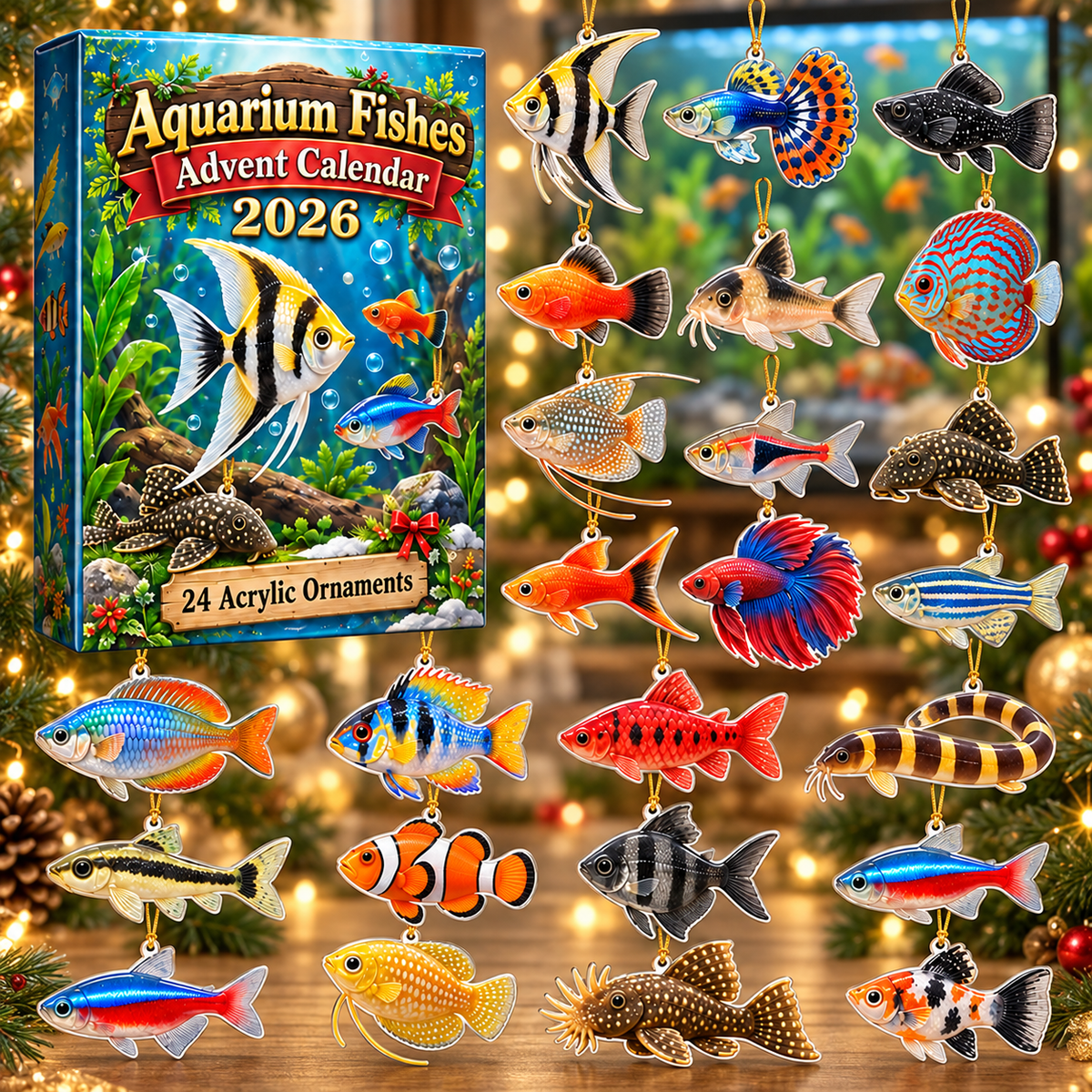 Aquarium Fishes Advent Calendar 2026 - 24-Day Festive Countdown, Acrylic Charms Blind Box - Gift For Aquarium Lovers