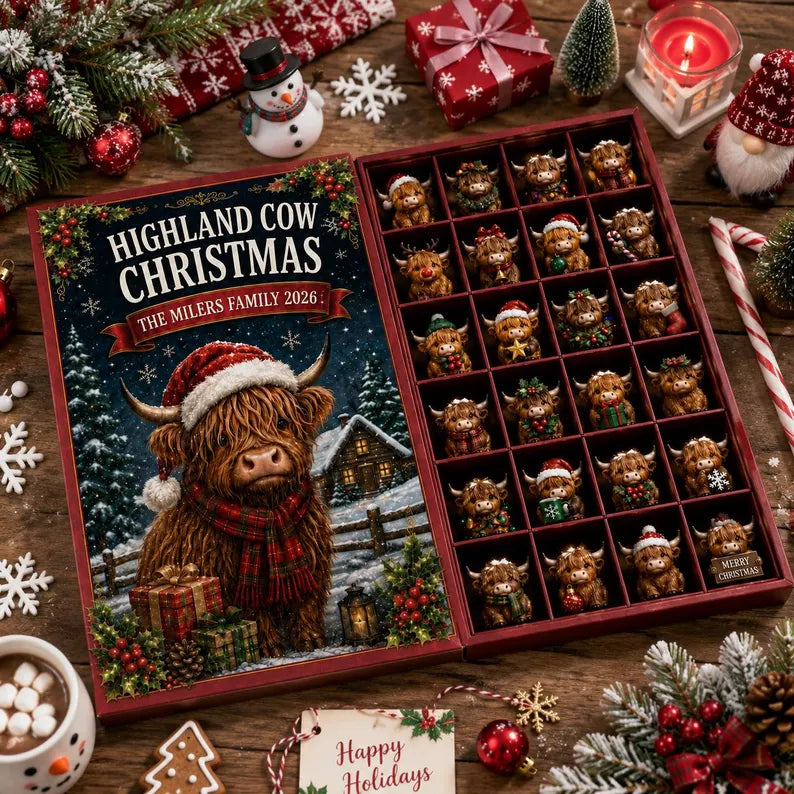 Highland Cow Advent Calendar, Christmas Countdown Box, 24 Mini Cow Ornament, Family Holiday Decor, Collectible Gift 2026, Farmhouse Present