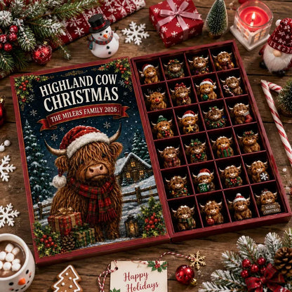 Highland Cow Advent Calendar, Christmas Countdown Box, 24 Mini Cow Ornament, Family Holiday Decor, Collectible Gift 2026, Farmhouse Present