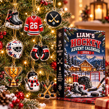 Personalized Hockey Advent Calendar 2026, 24 Acrylic Ornaments, Ice Hockey Christmas Countdown, Hockey Player Gift for Kids