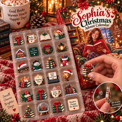 Personalized Book Lover Advent Calendar, Custom Name & Photo, 24 Bookish Acrylic Charms, Christmas Countdown