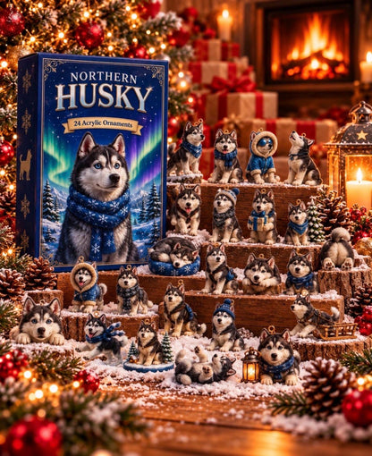 Husky Advent Calendar 2026, 24 2D Acrylic Dog Ornaments, Winter Wonderland Christmas Decor, Dog Lover Gift