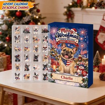 Custom French Bulldog Advent Calendar 24 Charms, Personalized Frenchie Dog Xmas Countdown Box, Patriotic Pet Lover Present