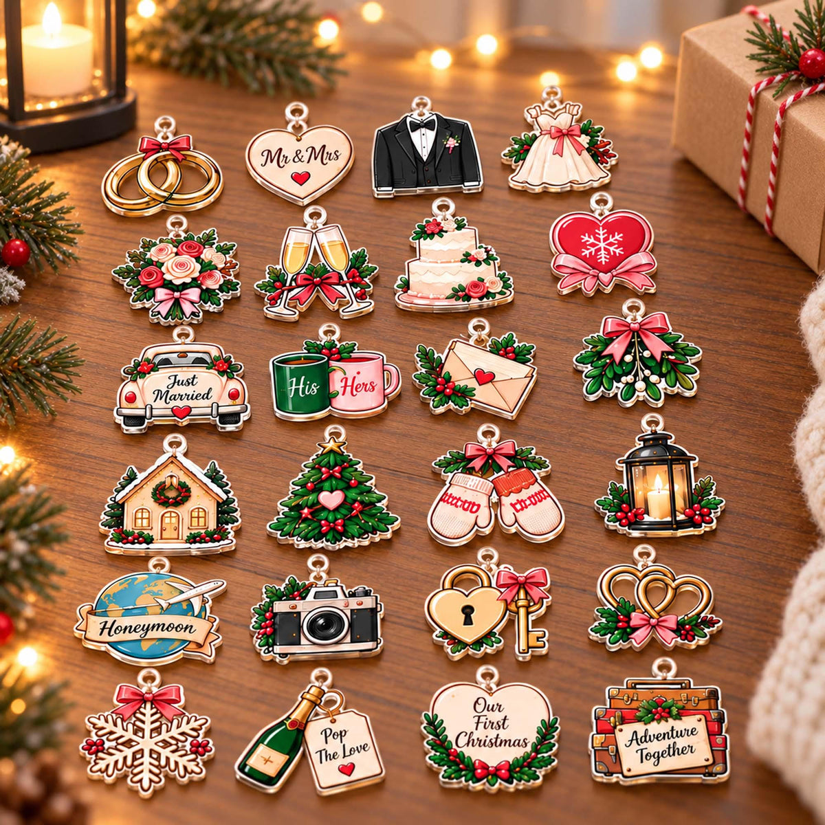 Personalized Newlywed Christmas Advent Calendar 2026, Custom Couple Name Blind Box, 24 Day Countdown Mr Mrs Xmas Ornament Set for Couples