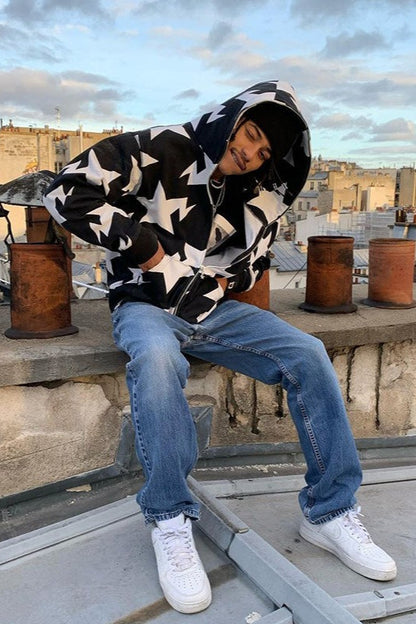 Contrast Star Graphic Zip Hoodie