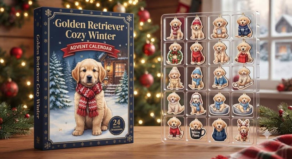 Cozy Winter Golden Retriever Calendar, 24 Acrylic Dog Ornaments, Christmas Countdown Gift Box, Dog Mom Holiday Decor