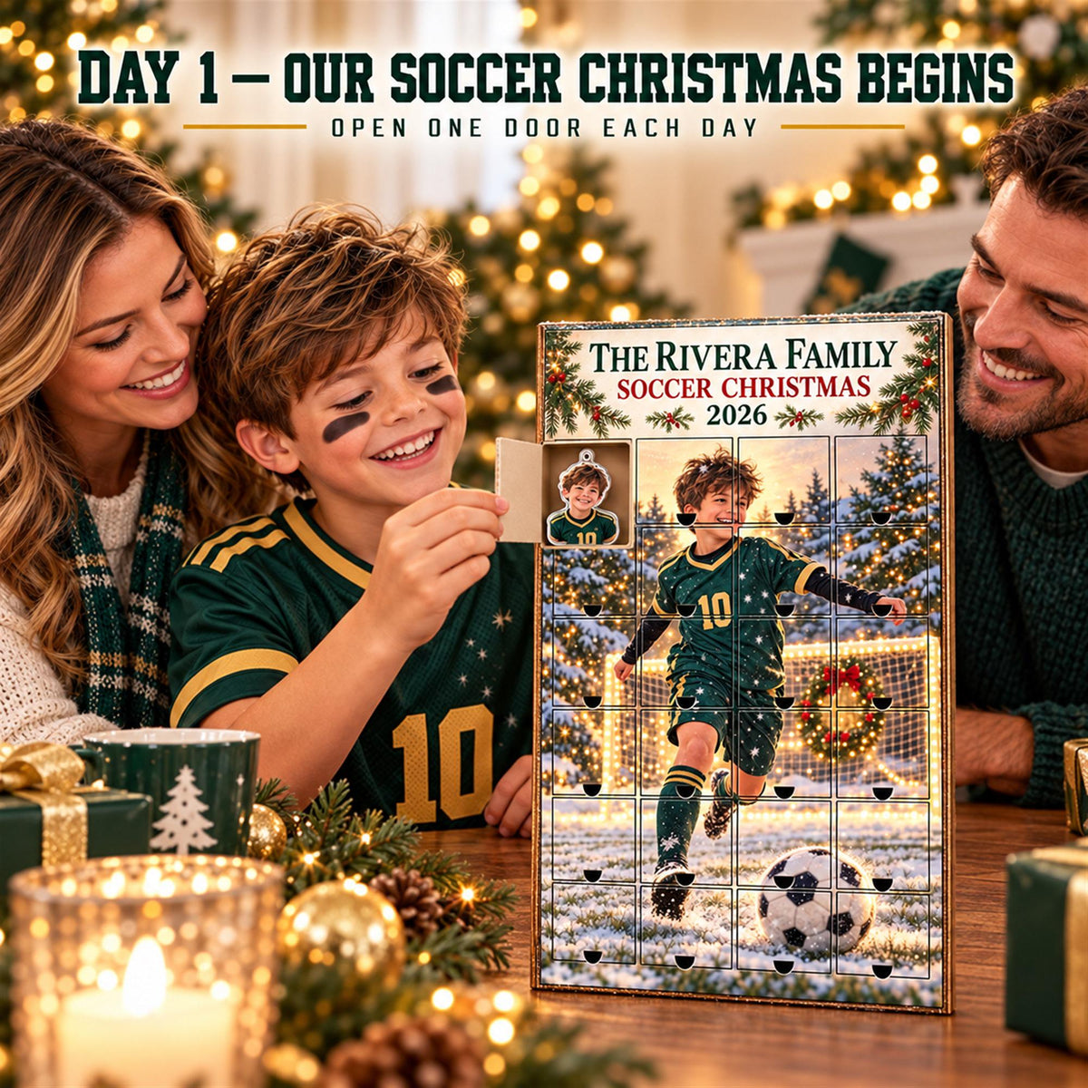 Personalized Soccer Advent Calendar with 24 Custom Photo Acrylic Ornaments, Player Number Christmas Gift for Soccer Family and Coach