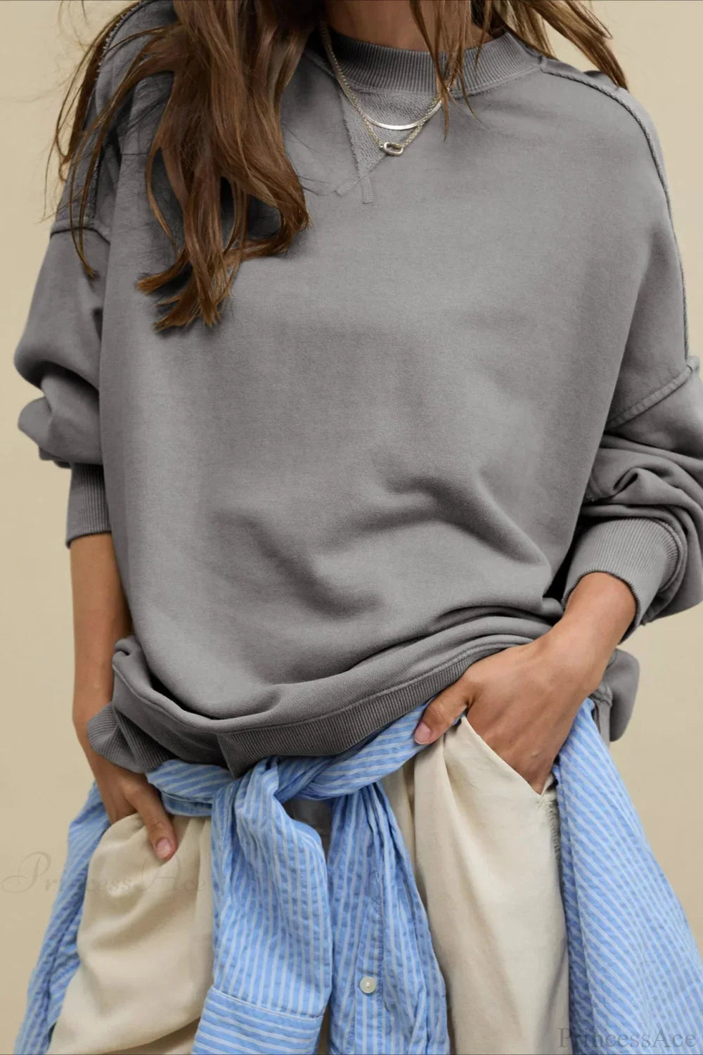 Crew Neck Solid Minimalist Relaxed Sweatshirt
