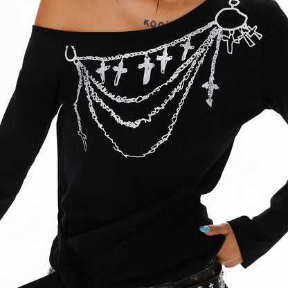 Cross Chain Print One-Shoulder Top