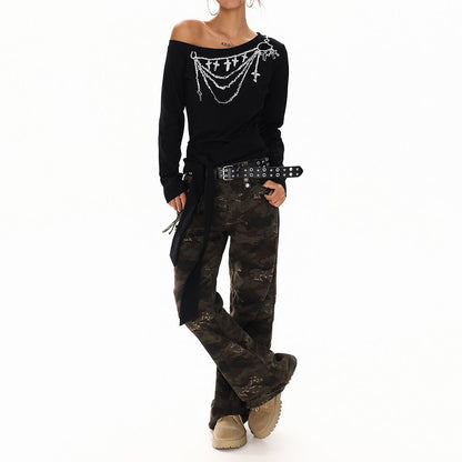Cross Chain Print One-Shoulder Top