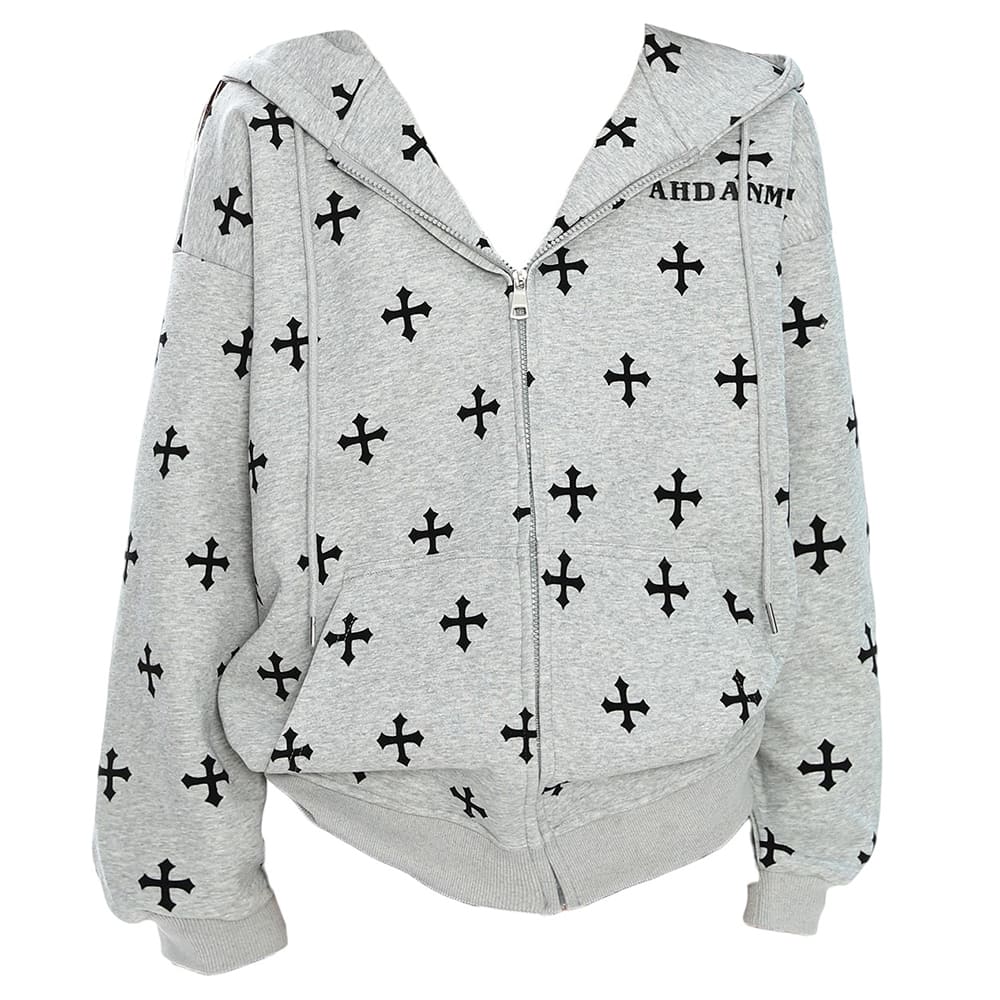 Cross Print Zip Up Hoodie