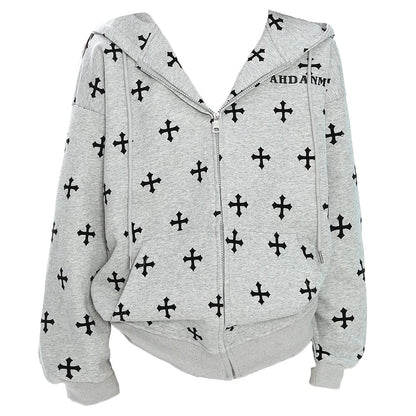 Cross Print Zip Up Hoodie