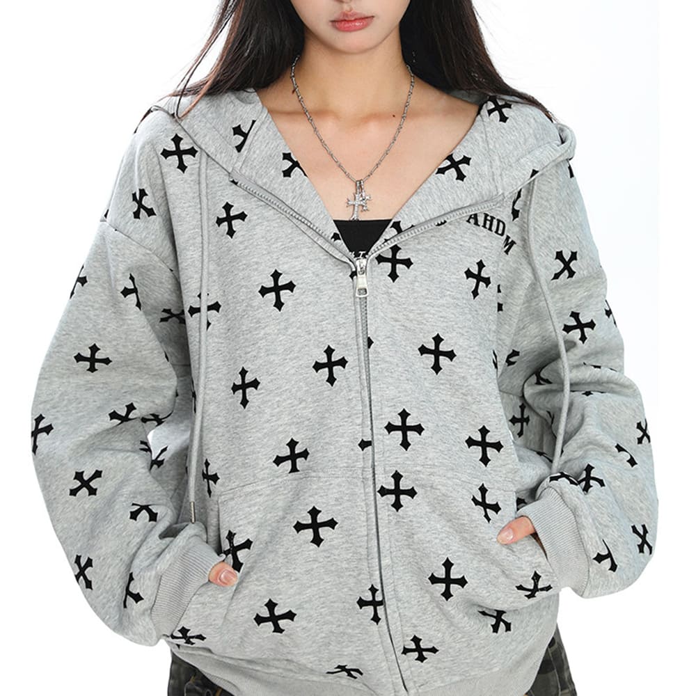 Cross Print Zip Up Hoodie
