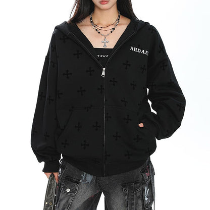 Cross Print Zip Up Hoodie