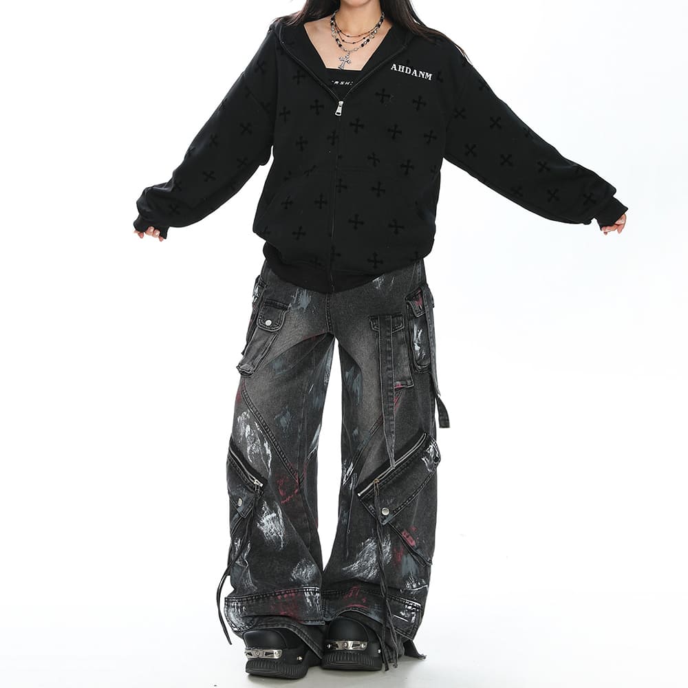 Cross Print Zip Up Hoodie