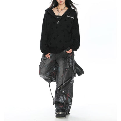 Cross Print Zip Up Hoodie