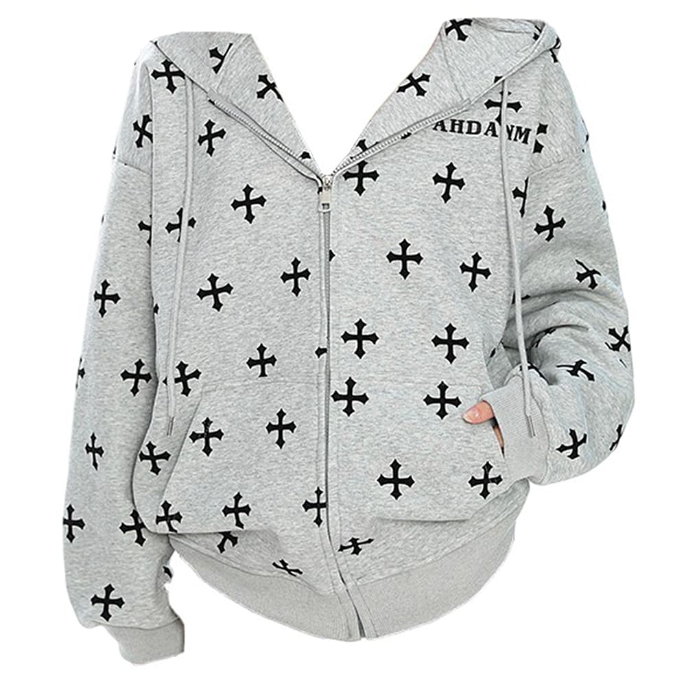 Cross Print Zip Up Hoodie