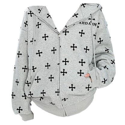 Cross Print Zip Up Hoodie