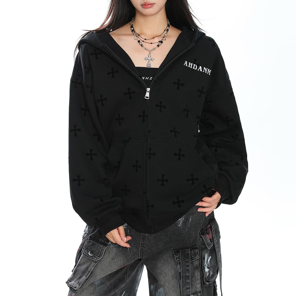 Cross Print Zip Up Hoodie