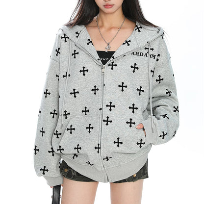 Cross Print Zip Up Hoodie