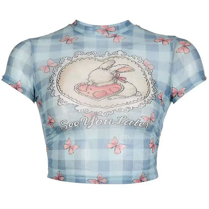 Cute Bunny Print Mesh Top