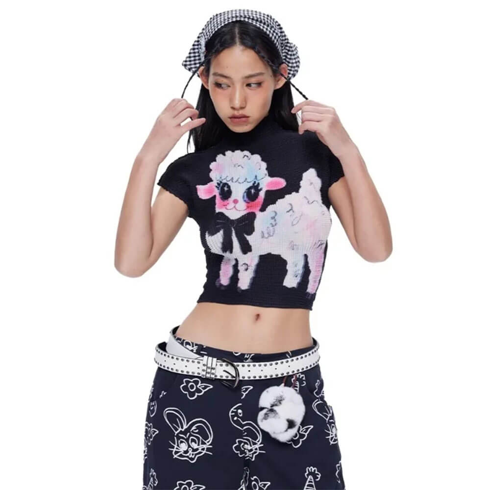 Cute Lamb Print Y2K Baby Tee