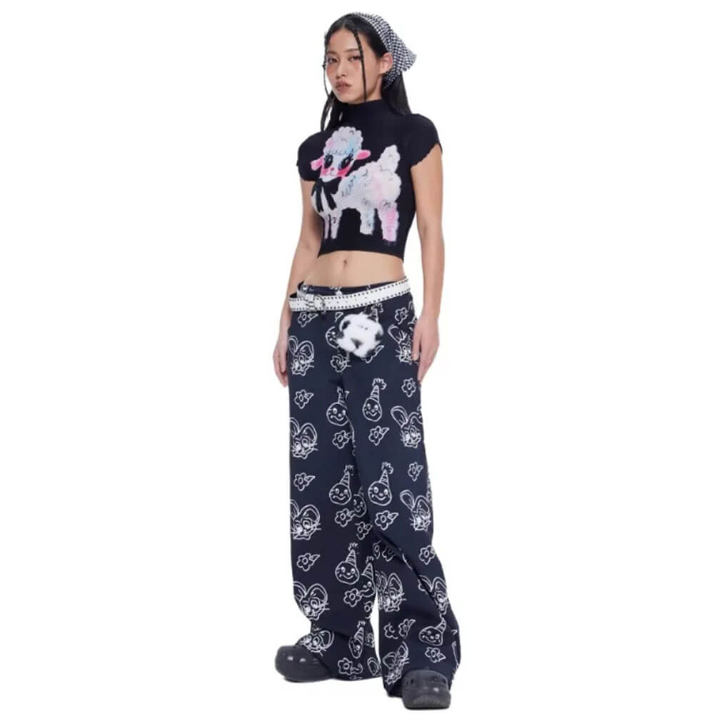 Cute Lamb Print Y2K Baby Tee