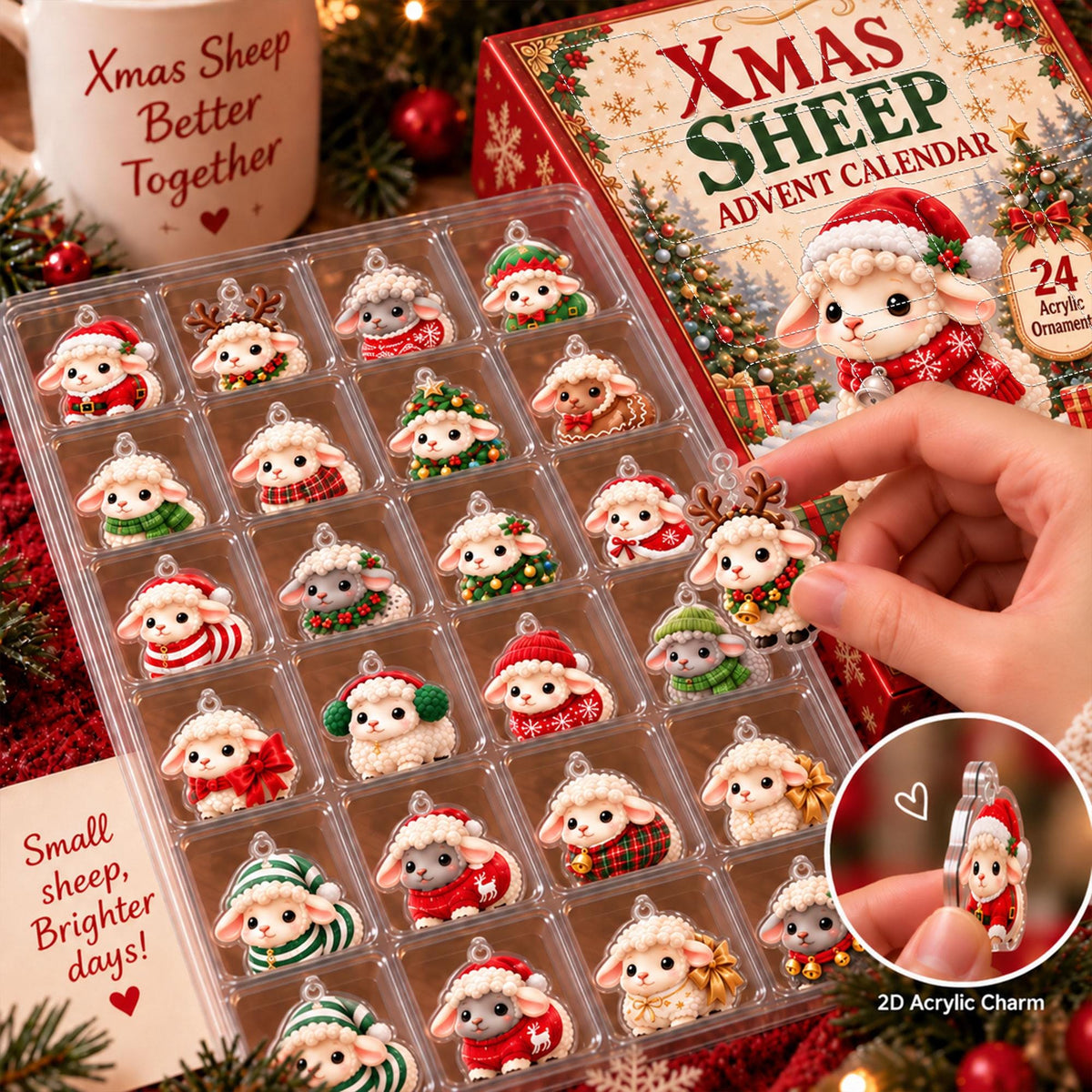 Custom Name Sheep Advent Calendar, Personalized Christmas Countdown with 24 Acrylic Ornaments, Gift for Kids & Family