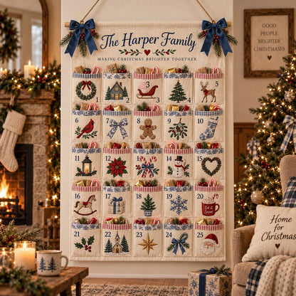 Personalized Christmas Advent Calendar, 25 Pocket Countdown Wall Hanging, Custom Family Name Xmas Calendar, Holiday Candy Gift Organizer