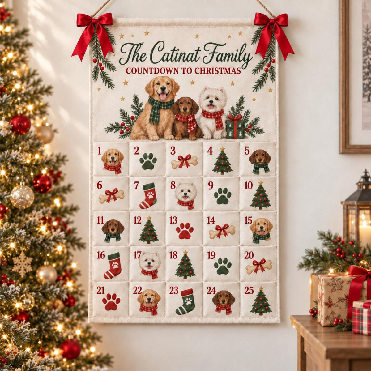 Personalized Dog Advent Calendar, 25 Pockets, Custom Family Name Wall Hanging (Reusable)