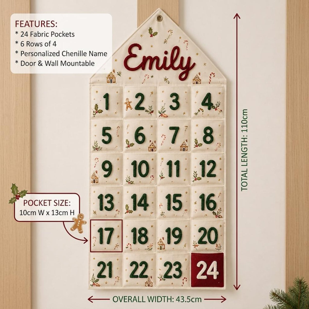 Personalized Advent Calendar for Kids - Custom Chenille Name Christmas Countdown Wall Hanging - Reusable Fabric Pocket Advent Calendar Gift