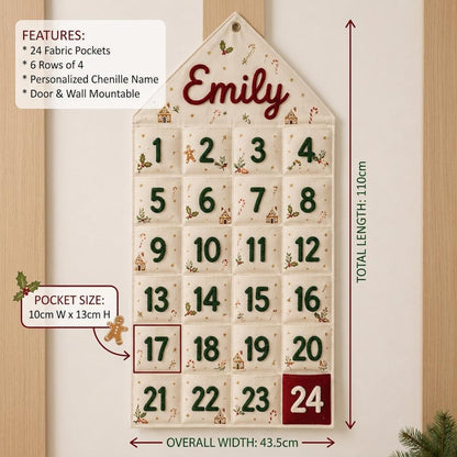 Personalized Advent Calendar for Kids - Custom Chenille Name Christmas Countdown Wall Hanging - Reusable Fabric Pocket Advent Calendar Gift