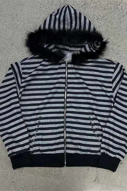 Faux Fur Trim Striped Zip Hoodie