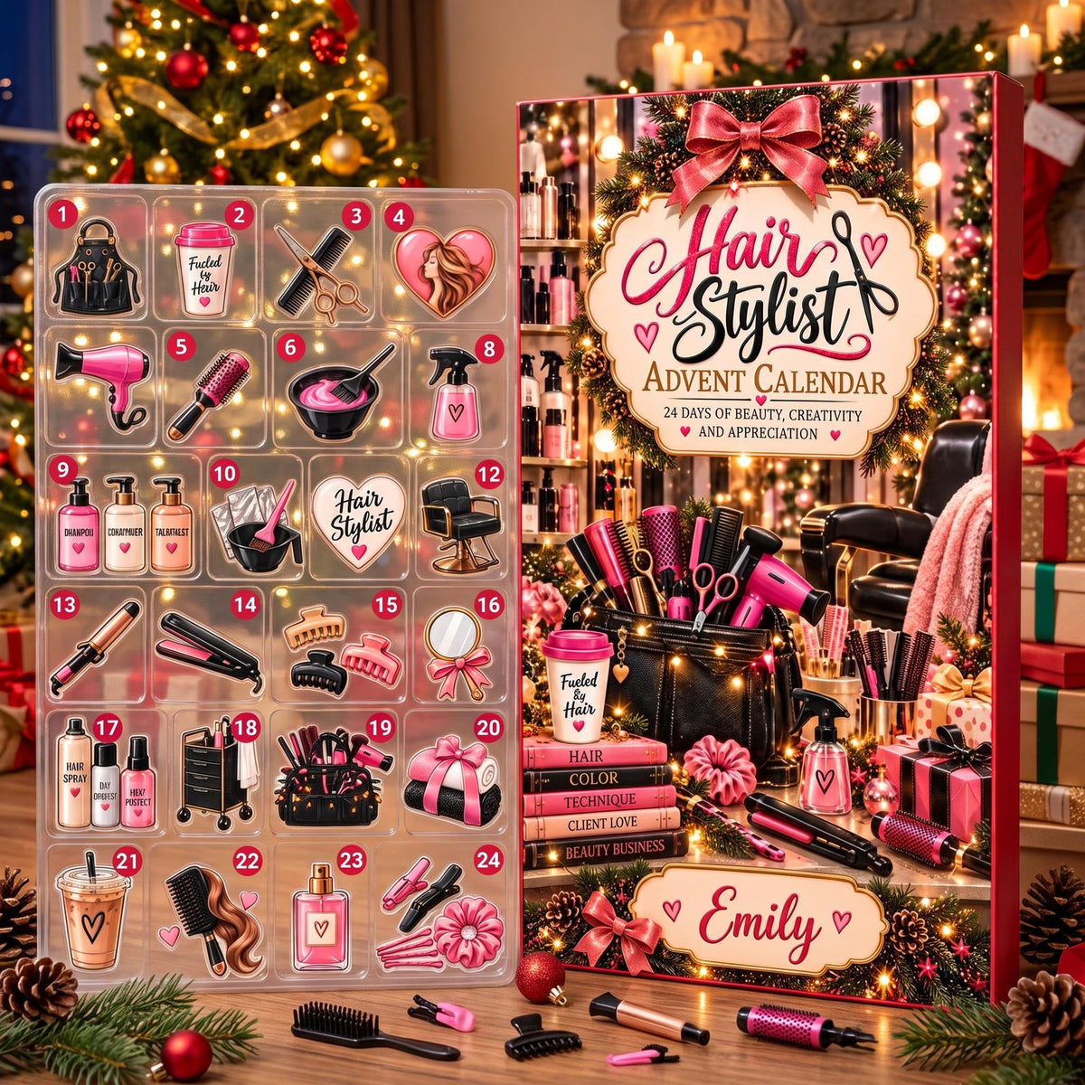 Personalized 2026 Hair Stylist Advent Calendar, 24 Day Christmas Countdown, Custom Salon Charms Holiday Gift
