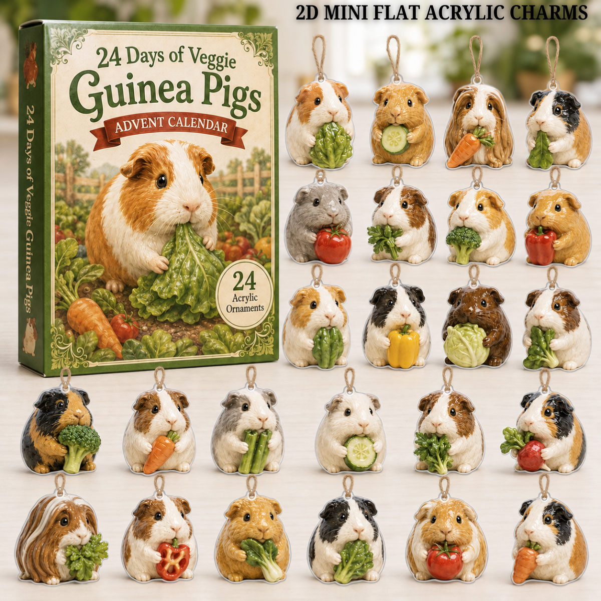 Veggie Guinea Pig Advent Calendar 2026 - 24-Day Festive Countdown, Acrylic Charms Blind Box - Gift For Guinea Pig Lovers