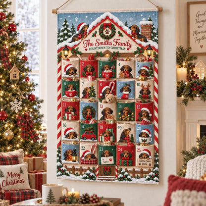 Personalized Dachshund Christmas Fabric Advent Calendar, 25 Day Pocket Countdown, Custom Family Name Dog Wall Hanging, Doxie Xmas Decor