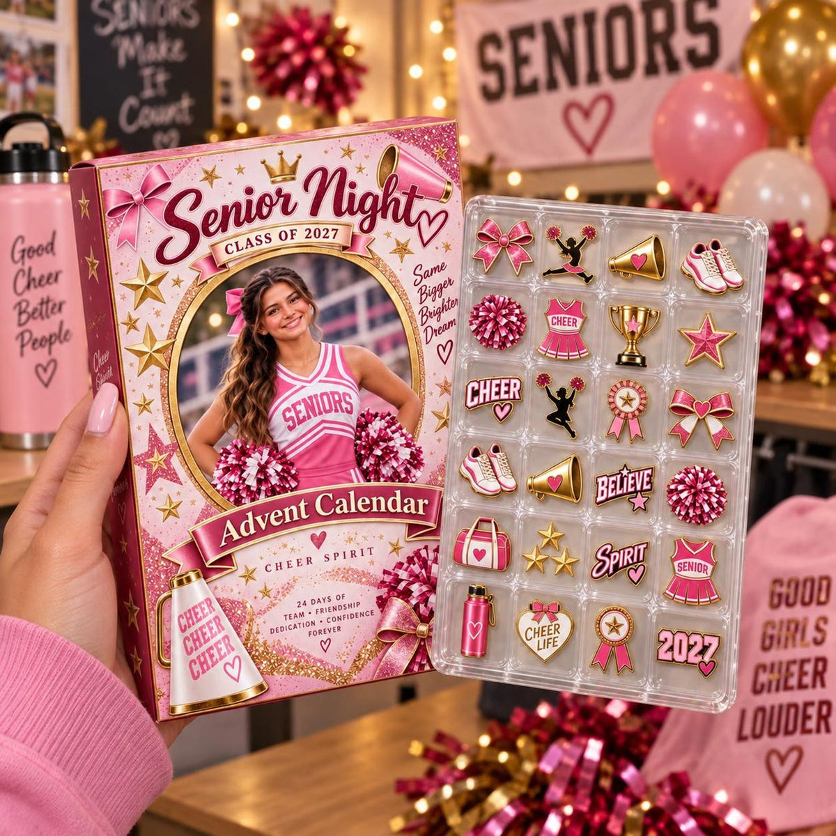 Personalized Cheerleading Advent Calendar: Custom Senior Night Photo Blind Box, Enamel Pin Gift