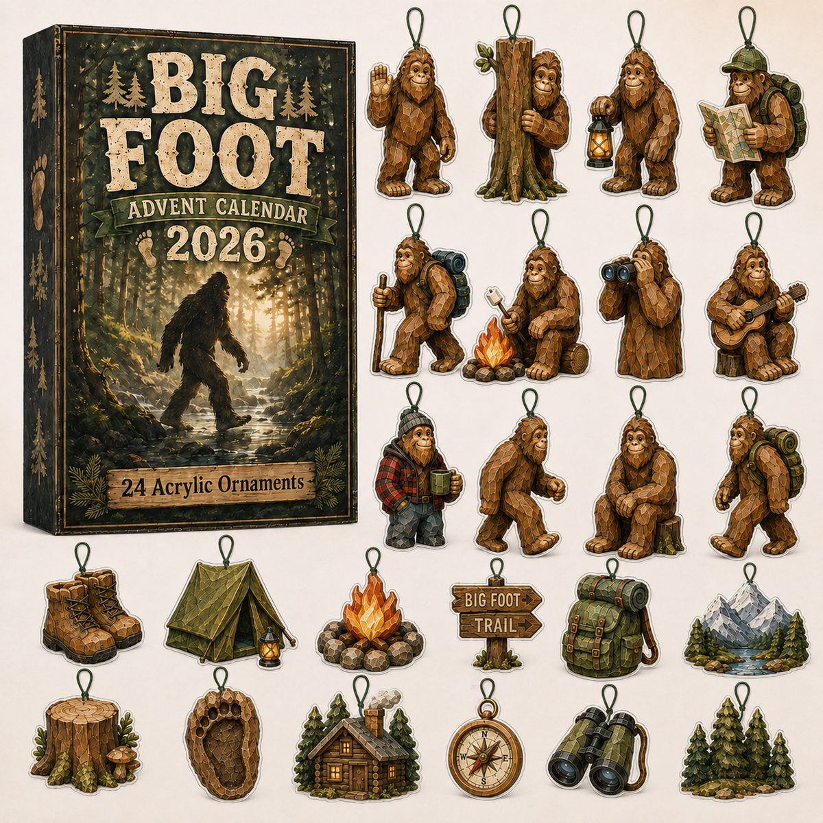 Camping Big Foot Advent Calendar 2026 - 24-Day Festive Countdown, Acrylic Charms Blind Box - Gift For Campers, Family & Friends