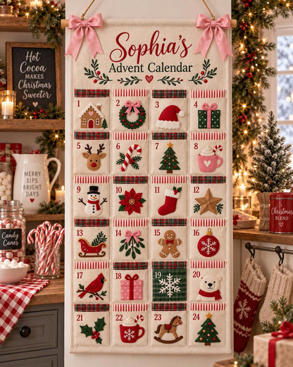 Personalized Family Advent Calendar, 24 Pocket Christmas Countdown, Custom Name Holiday Wall Hanging, Christmas Decor
