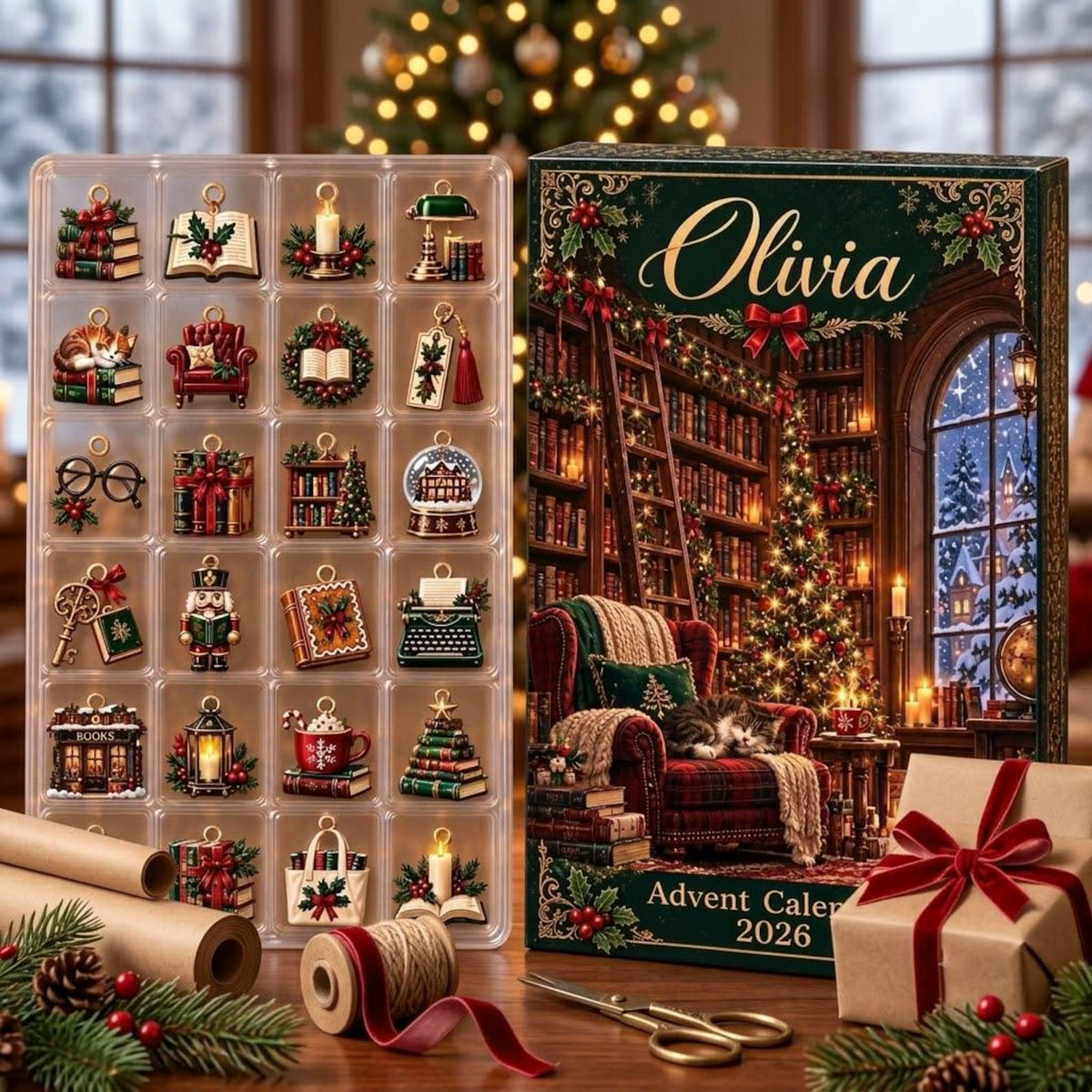 Personalized Library Advent Calendar, 24 Bookish Christmas Charms, Custom Name Reader Gift Box, Holiday Countdown