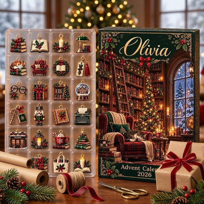 Personalized Library Advent Calendar, 24 Bookish Christmas Charms, Custom Name Reader Gift Box, Holiday Countdown
